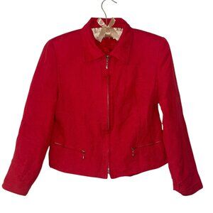 Vintage Short Crop Red Linen Retro Front Zip 3/4 Sleeve Jacket David N Petites M